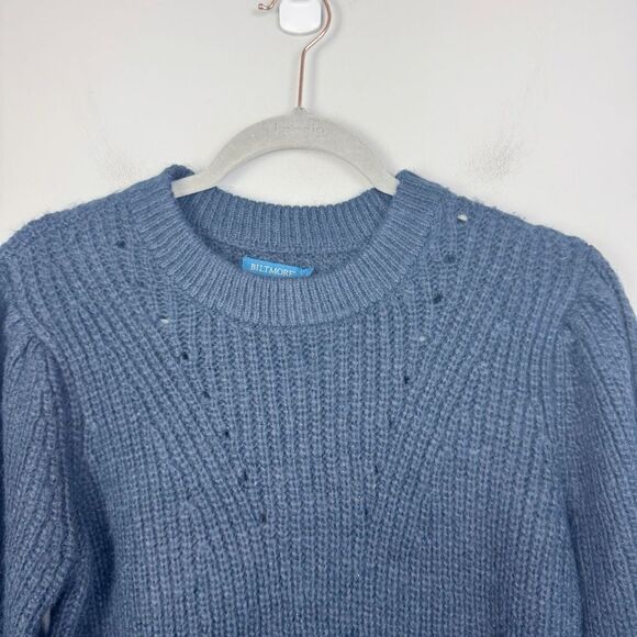 BILTMORE | Navy Blue Crewneck Puff Sleeve Sweater Women’s Size Medium - Picture 2 of 6
